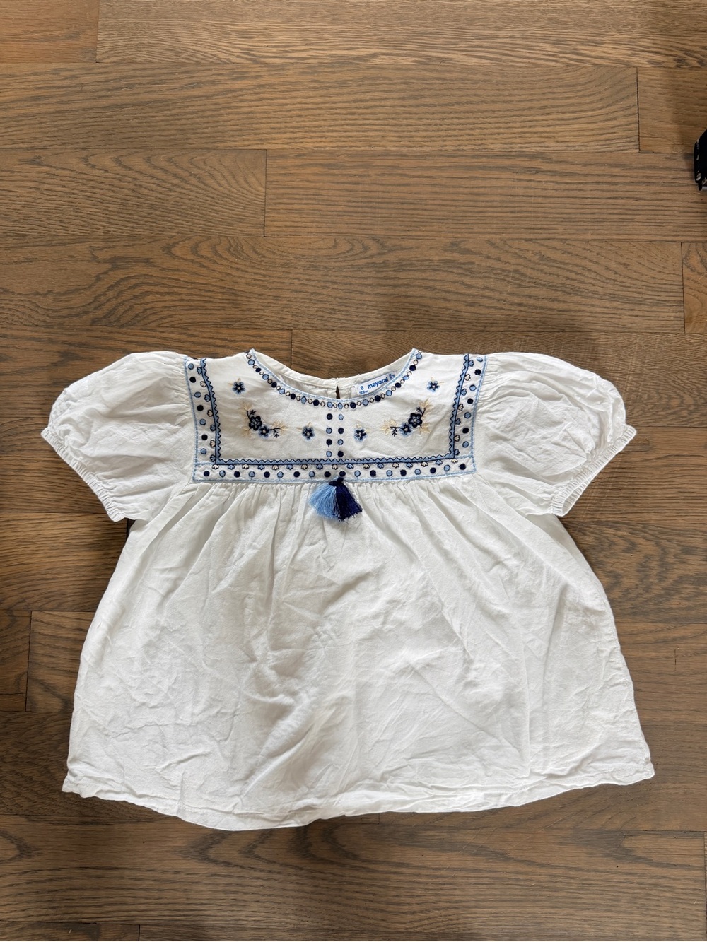 Mayoral Girl’s White Embroidered Girls' Peasant Top with Blue Tassel